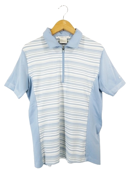 ナイキゴルフ NIKE GOLF ポロシャツ ハーフジップ 半袖 ボーダー ロゴ刺繍 サイズM 水色系 国内正規 QQQ レディース拍卖