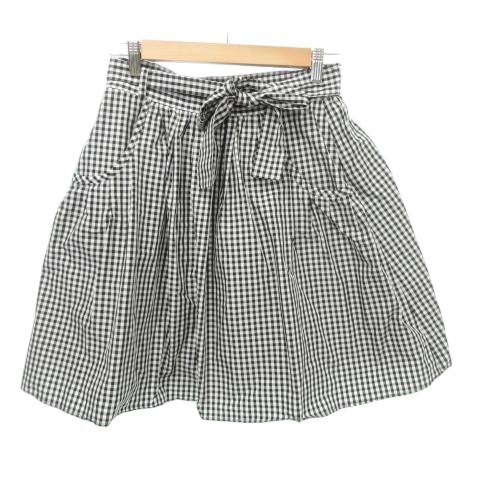 ジルスチュアート スカート ひざ丈 フレア ナイロン チェック ベルト付き 薄手 4 約XLサイズ 黒 ブラック ■YHS6 レディース拍卖
