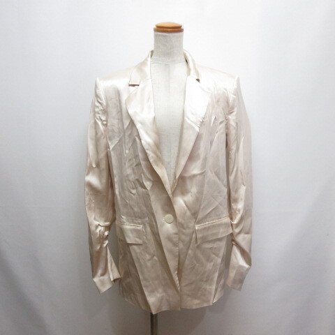 未使用品 ザラ ZARA オーバーサイズ サテン テーラード ジャケット S ライトベージュ 肩パッド ストレッチ 裏地付き タグ付き レディース拍卖