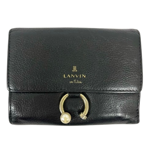 ランバンオンブルー LANVIN en Bleu 二つ折り財布 パール ビジュー リング飾り ブランドロゴ ゴールド金具 黒 ブラック レディース拍卖