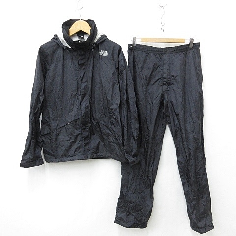 ザノースフェイス THE NORTH FACE レインウエア レインスーツ 上下セット ジャケット パンツ ジップアップ フード ナイロン 黒 ブラック L拍卖