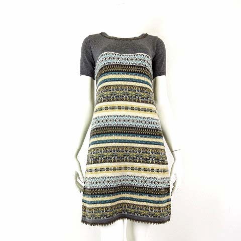 ミッシェルクラン MICHEL KLEIN ワンピース ニット 切替 フェアアイル 花柄 ラメ 刺繍 ピコレース ウール ひざ丈 半袖 M 38 グレー拍卖