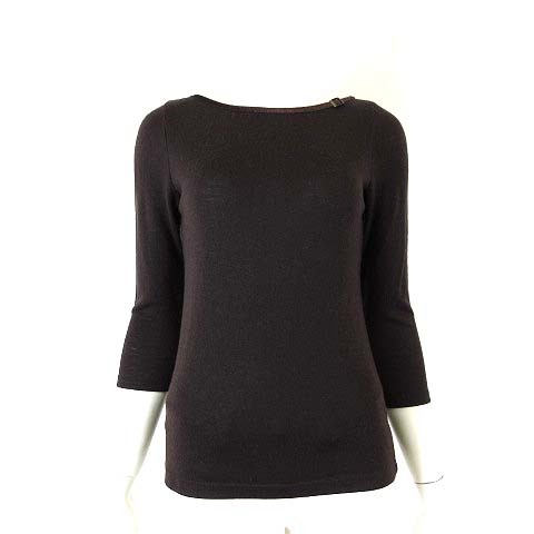 ミッシェルクラン MICHEL KLEIN ニット カットソー トップス ウール ベロアパイピング ベルト装飾 ボートネック 7分袖 M 38 ダークブラウン拍卖