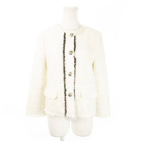 ザラウーマン ZARA WOMAN ツイードジャケット ノーカラー フリル フリンジ ラメ エンブレムボタン S 白 ホワイト /AO9 ■GY17拍卖