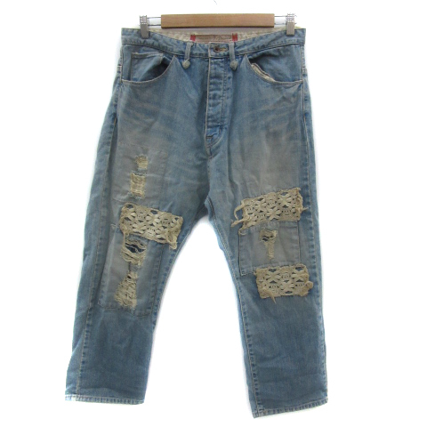 バルコニーアンドベッド デニムパンツ ジーンズ テーパードパンツ アンクル丈 ボタンフライ ダメージ加工 40 L 水色 レディース拍卖