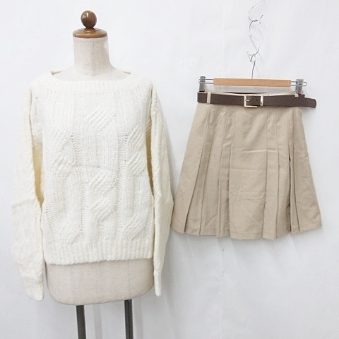 未使用品 リリーブラウン ティティベイト プリーツスカート セーター 2枚セット ひざ丈 インパンツ ベルト ベージュ 白 1 F拍卖