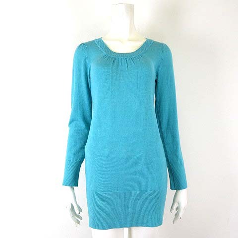 ミッシェルクラン MICHEL KLEIN ニット セーター チュニック 切替 リブ ギャザー ストレッチ 長袖 M 38 ミントブルー レディース拍卖