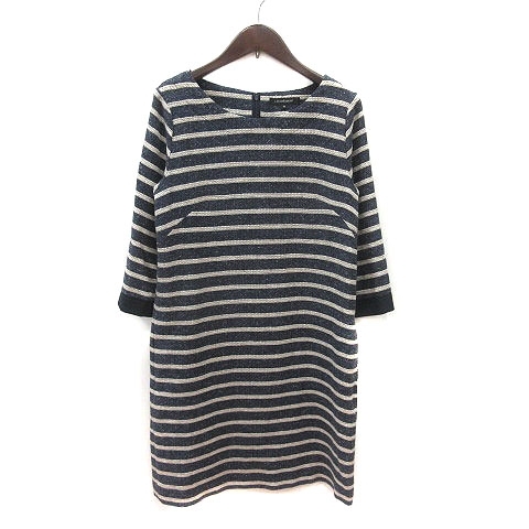 ロートレアモン LAUTREAMONT ワンピース ひざ丈 ボーダー 七分袖 38 紺 ネイビー 白 アイボリー /MS レディース拍卖