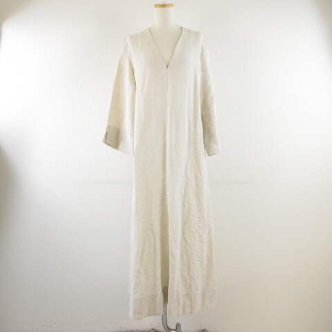 ジャーナルスタンダードレサージュ journal standard L'essage ワンピース Vネック 長袖 ロング リネン混 ベージュ *A525 レディース拍卖