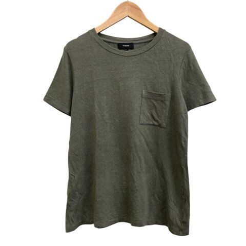 セオリー Theory Tシャツ 胸ポケット 麻混 ストレッチ カーキ モスグリーン系 サイズS レディース拍卖
