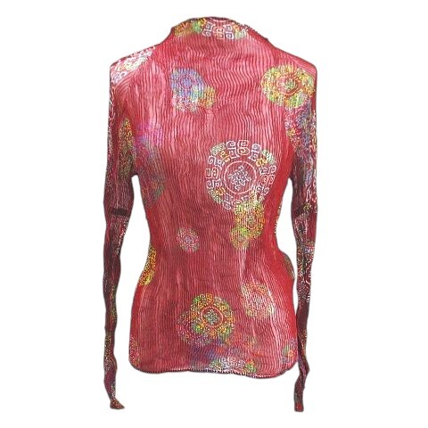 イッセイミヤケ ISSEY MIYAKE FETE IF54FJ739 長袖 カットソー プリーツ ハイネック 2 赤系 レッド 日本製 シースルー 透け感 総柄 レディ拍卖