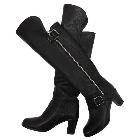ダイアナ DIANA サイドジップ ニーハイブーツ ロングブーツ レザー ベルト チャンキーヒール ブラック 黒 21.5cm レディース拍卖