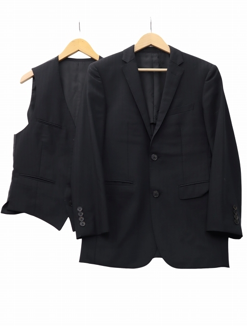 バーバリーブラックレーベル BURBERRY BLACK LABEL 開き見せ 背抜き シングル 2B 2ピース テーラードジャケット ベスト 36R BLACK ブラック拍卖