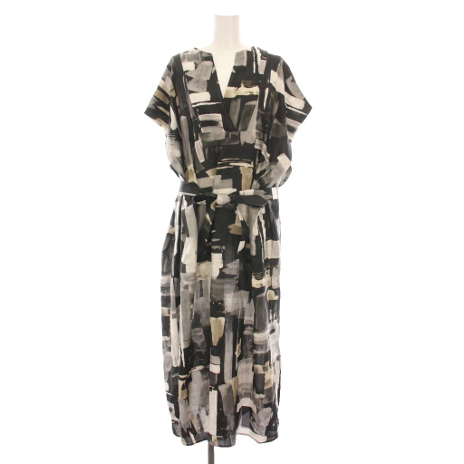 未使用品 ボッシュ BOSCH 22SS ジョーゼットフレアスリーブワンピース ロング 総柄 38 黒 グレー 白 021-2140433 /YM レディース拍卖