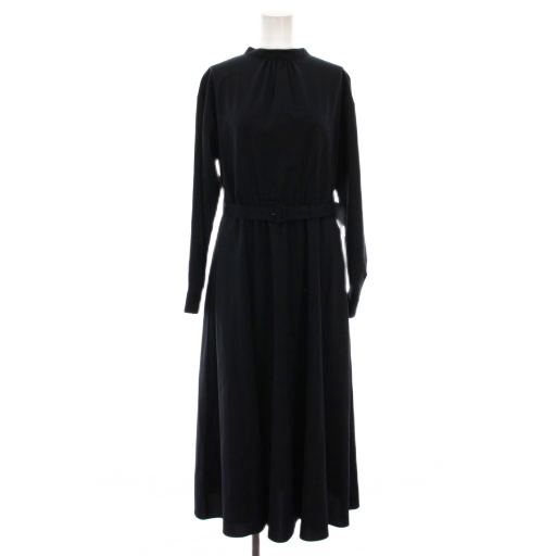 未使用品 グリーンレーベルリラクシング ユナイテッドアローズ タック フレアー ベルト ワンピース マシンウォッシャブル ロング 長袖 F 紺拍卖