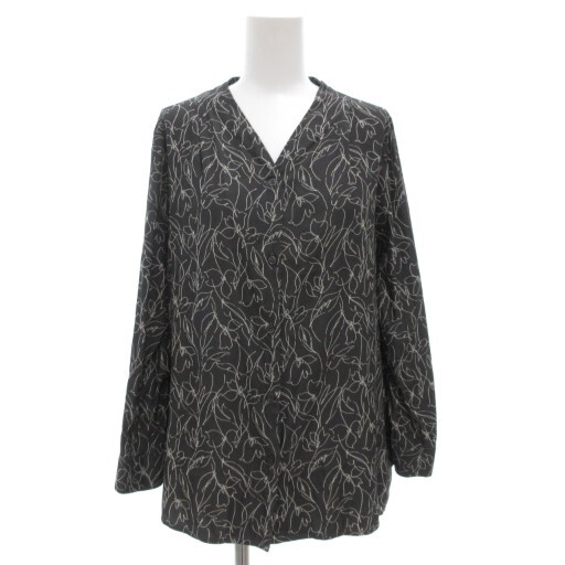 ユナイテッドアローズ UNITED ARROWS closet story ラインプリント Vネック ブラウス シャツ 長袖 総柄 グレー 白 ホワイト拍卖