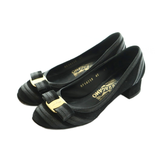 サルヴァトーレフェラガモ パンプス チャンキーヒール ヴァラリボン 4.5 22.0cm 黒 ブラック 54258 /MI ■GY53 レディース拍卖