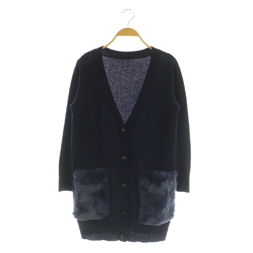 グレースコンチネンタル GRACE CONTINENTAL ラビットファー ポケット ウール ニットカーディガン ロング 長袖 36 ネイビー拍卖