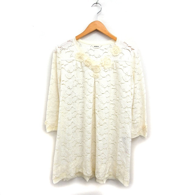 インゲボルグ INGEBORG レース チュニック 7分袖 Vネック モチーフ 9 オフホワイト 白 /FT43 レディース拍卖