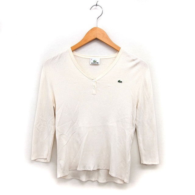ラコステ LACOSTE 国内正規品 ヘンリーネック カットソー Tシャツ コットン 綿 ロゴ 七分袖 40 ベージュ /NT35 レディース拍卖