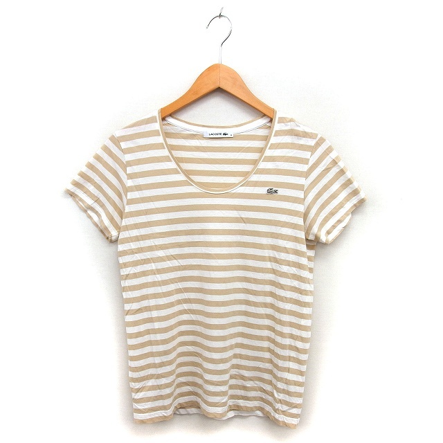 ラコステ LACOSTE 国内正規品 ボーダー カットソー Tシャツ ロゴ コットン 綿 半袖 38 ベージュ /NT34 レディース拍卖