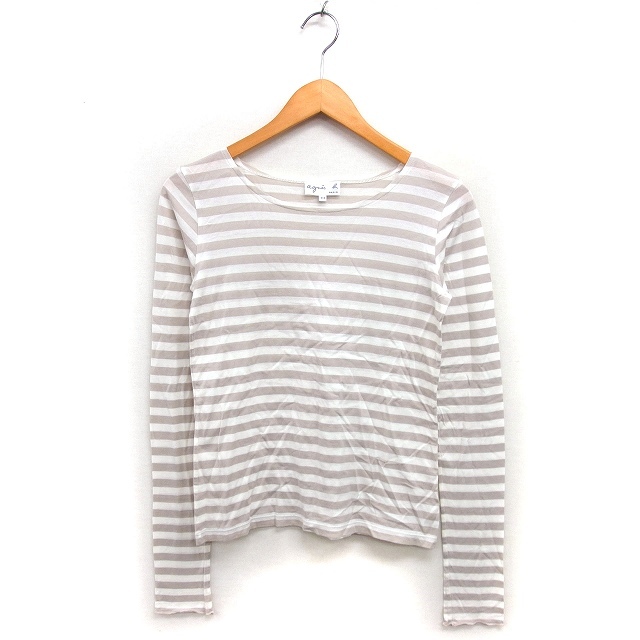 アニエスベー agnes b. ボーダー ボートネック カットソー Tシャツ コットン 綿 透け感 長袖 T1 グレージュ /NT1 レディース拍卖