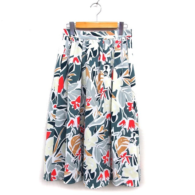 トゥモローランド TOMORROWLAND 花柄 フレア スカート ロング ギャザー サイドジップ 34 緑 グリーン /NT16 レディース拍卖