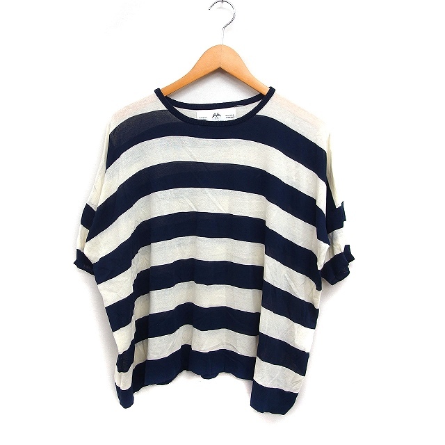 ピュアルセシン pual ce cin ボーダー柄 ニット セーター 半袖 丸首 コットン 綿 F ネイビー 紺 /FT11 レディース拍卖