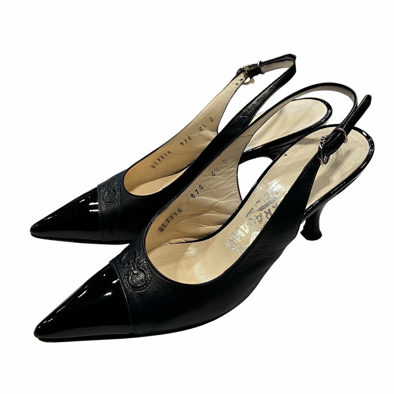 サルヴァトーレフェラガモ Salvatore Ferragamo パンプス ミュール ポインテッドトゥ ハイヒール エナメル切り替え ストラップ 4 1/2 黒 ブ拍卖