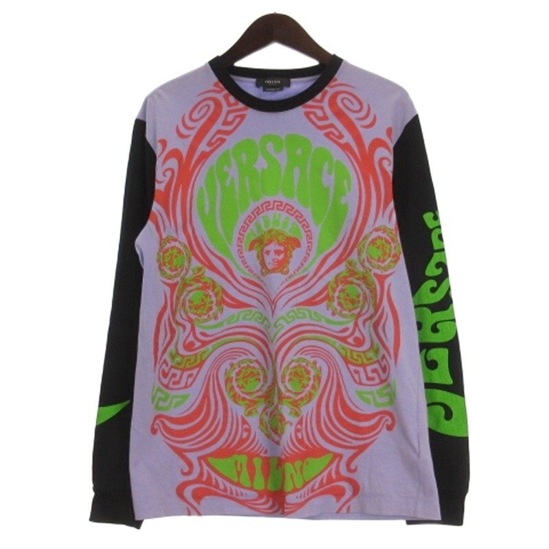 ヴェルサーチ ヴェルサーチェ VERSACE メデューサ柄 Tシャツ カットソー 長袖 プリント パープル系 S メンズ拍卖