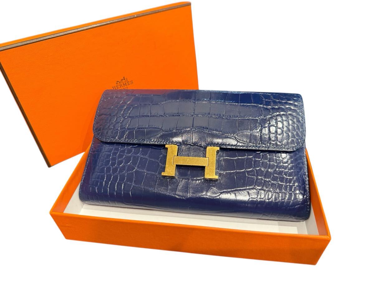 ★HERMES エルメス コンスタンスロング アリゲーター クロコダイルレザー 長財布 Y刻印 ネイビー ゴールド金具拍卖