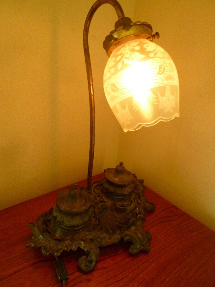 【即決・点灯可】真鍮製テーブルラン(高さ40cm) アンティーク 照明 ガラス レトロ ビンテージ ランプ スタンドライト 装飾 キャンドル 拍卖
