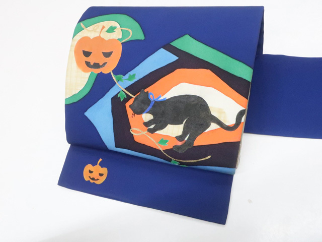 《古美術京松》九寸名古屋帯 オリジナル 太鼓柄 ハロウィン 猫にかぼちゃ 正絹 r7b10-178拍卖