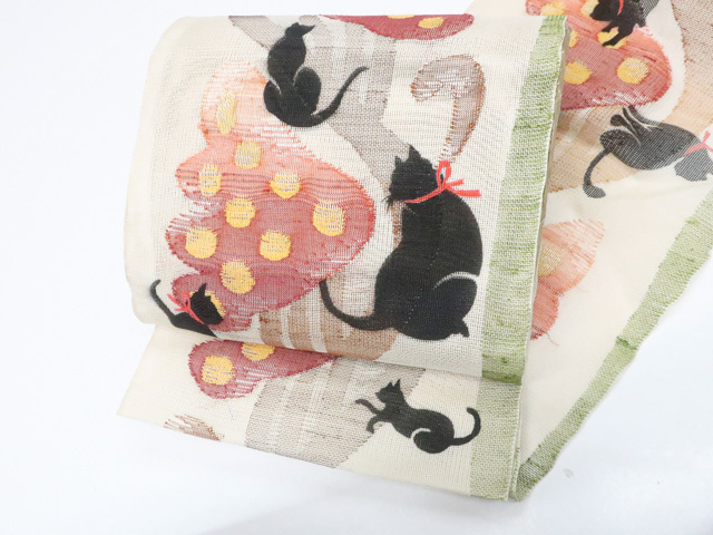 《古美術京松》九寸名古屋帯 オリジナル 太鼓柄 夏物 夏 猫 正絹 r7b10-170拍卖