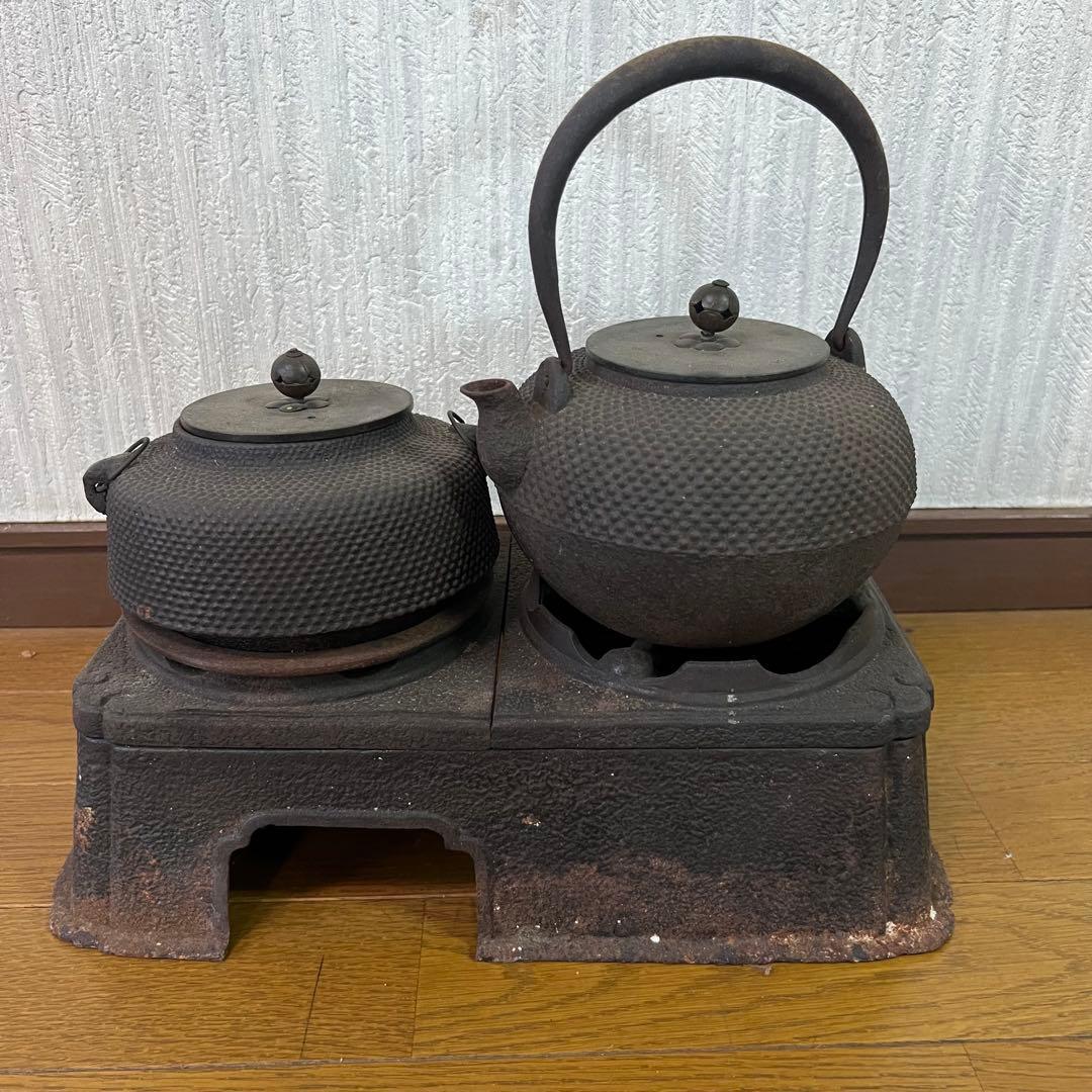 希少品 南部鉄器 鉄瓶 釜 火鉢 五徳セット 茶道具拍卖