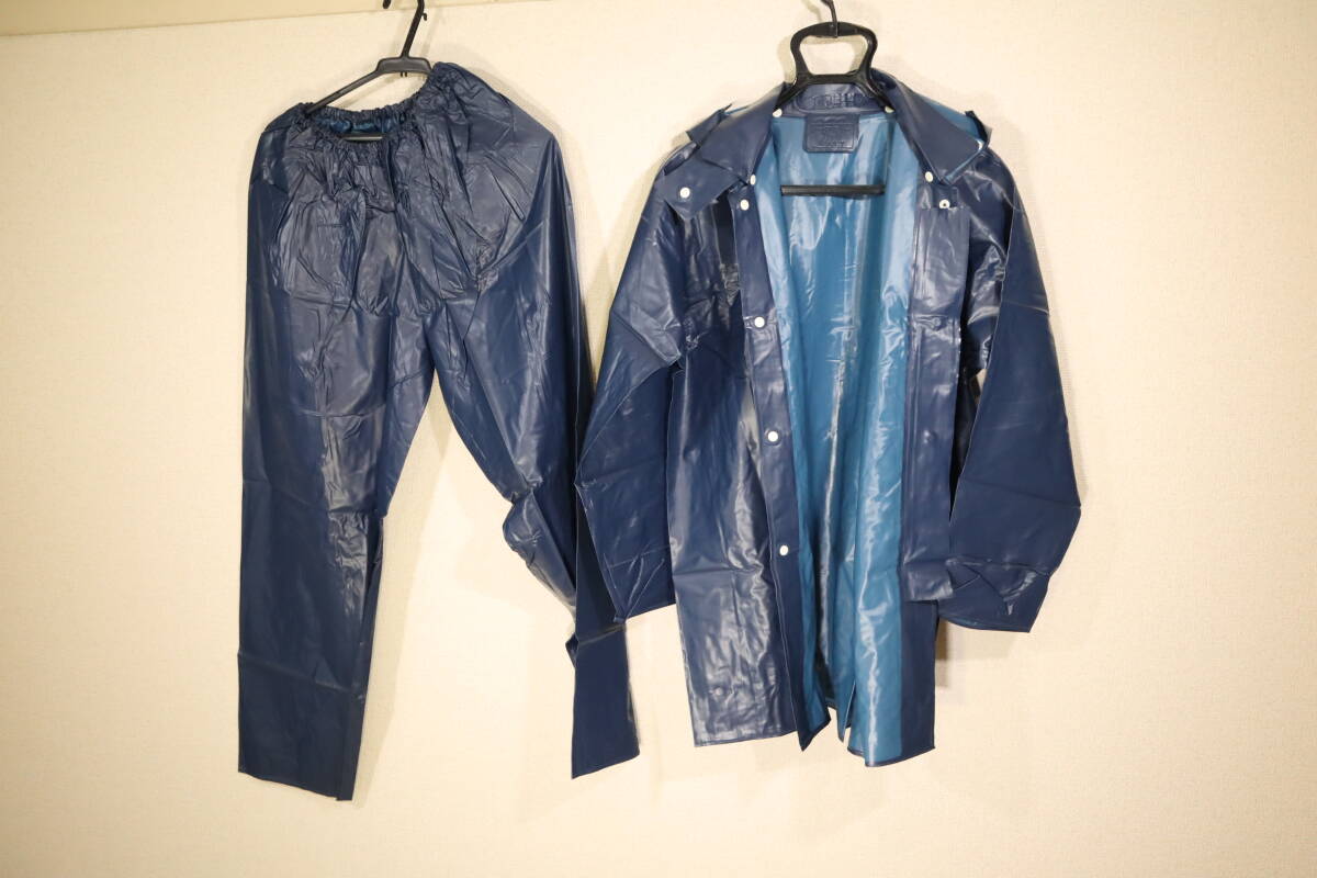 ☆レトロ 光沢ビニール雨合羽 レインコート上下 ネイビー LL☆拍卖