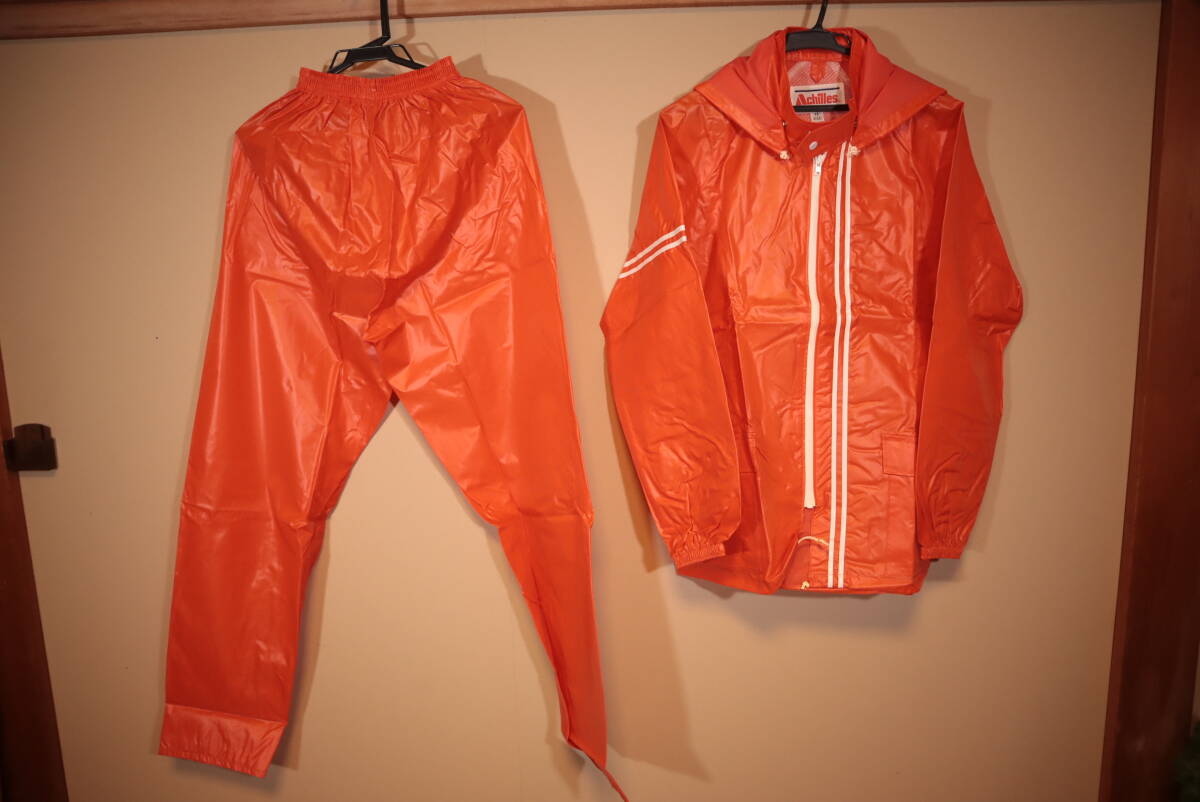 ☆レトロ 光沢ゴム引き オレンジ レインコート合羽上下 LL☆拍卖