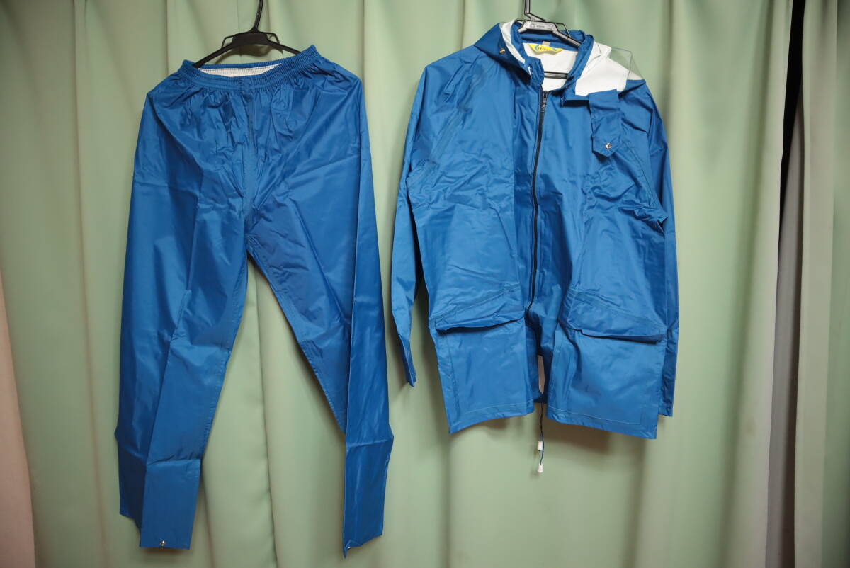 ☆レトロ ゴム引き ブルー レインコート合羽上下 M☆拍卖