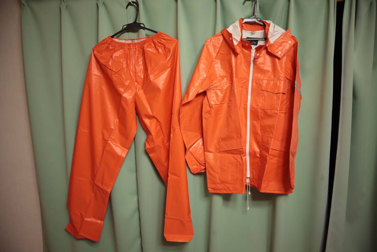 ☆レトロ 光沢ゴム引き オレンジ レインコート合羽上下 L☆拍卖