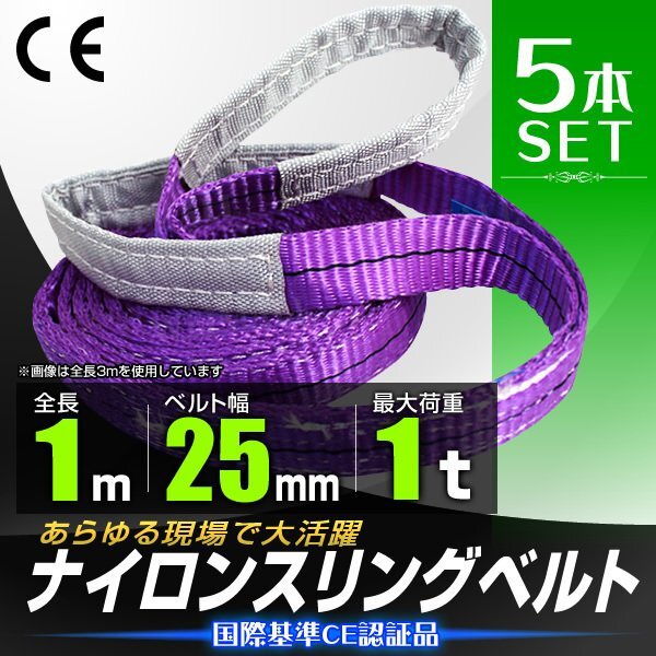 【5本セット】スリングベルト 耐荷重1000kg 幅25mm×長さ1m ナイロン ベルト スリング 吊りベルト 荷吊りベルト 資材 玉掛け 牽引 新品拍卖