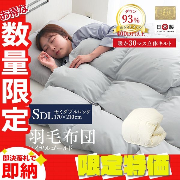【限定セール】セミダブル 日本製 羽毛布団 ダウン93% 400dp ロイヤルゴールドラベル認定 掛け布団 抗菌 防カビ 立体キルト 快適 あったか拍卖