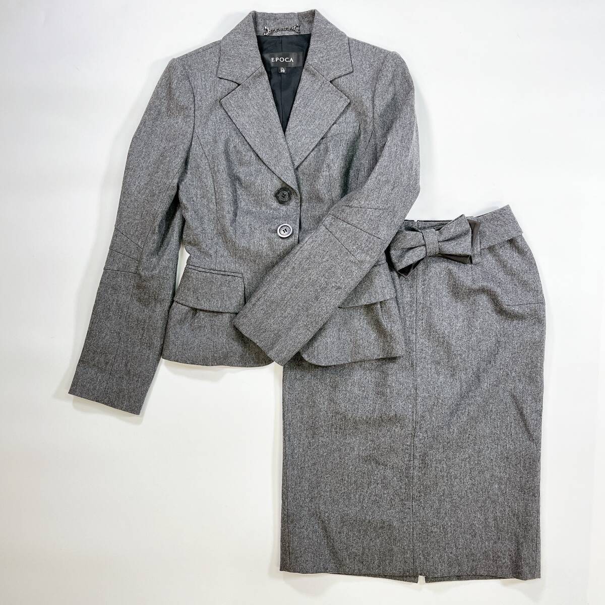 EPOCA エポカ デザインスカートスーツ グレー リボン付き タイトスカート 38 M 大人可愛い 羊毛98% シルクリボン ☆832y拍卖