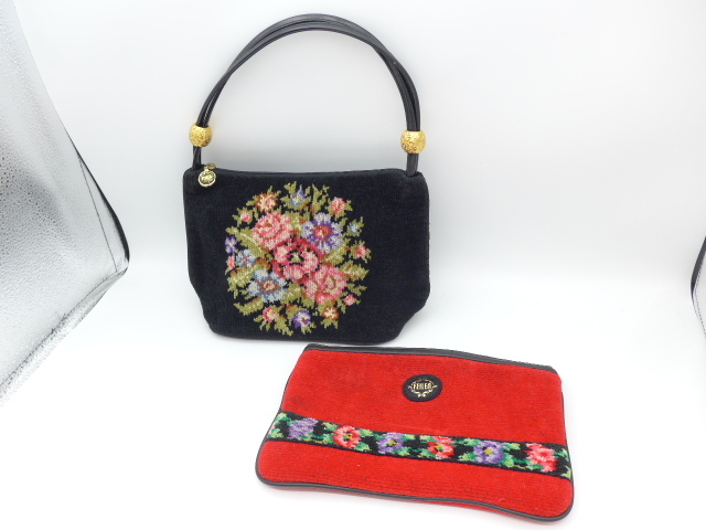 #34389 FEILER/フェイラー ハンドバッグ 鞄 ポーチ 2個セット シニョール織り 赤 レッド 黒 ブラック 花柄拍卖