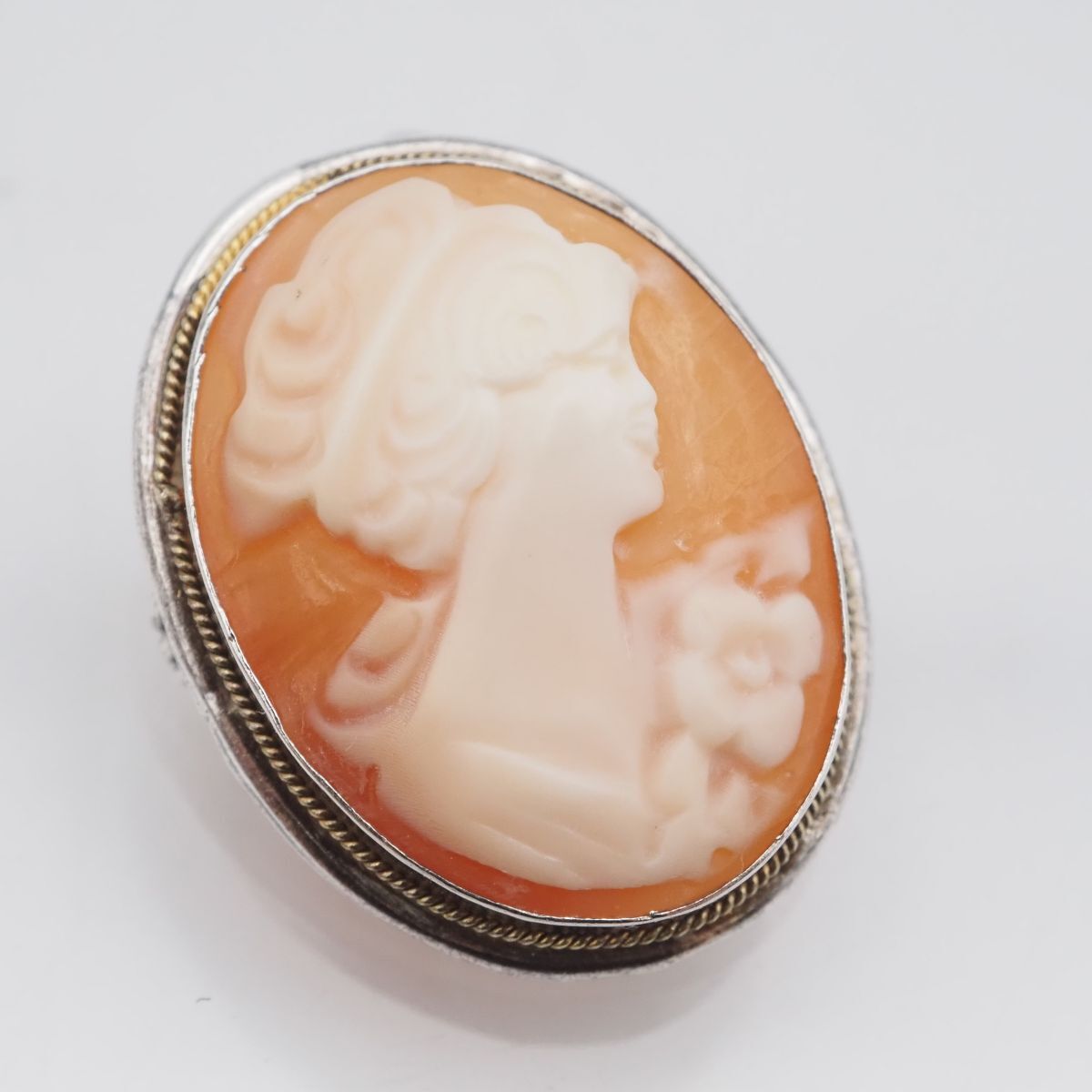 F969 シェルカメオ 作家サイン有 800刻印 ブローチ 女性横顔 デザイン シルバー ヴィンテージ拍卖