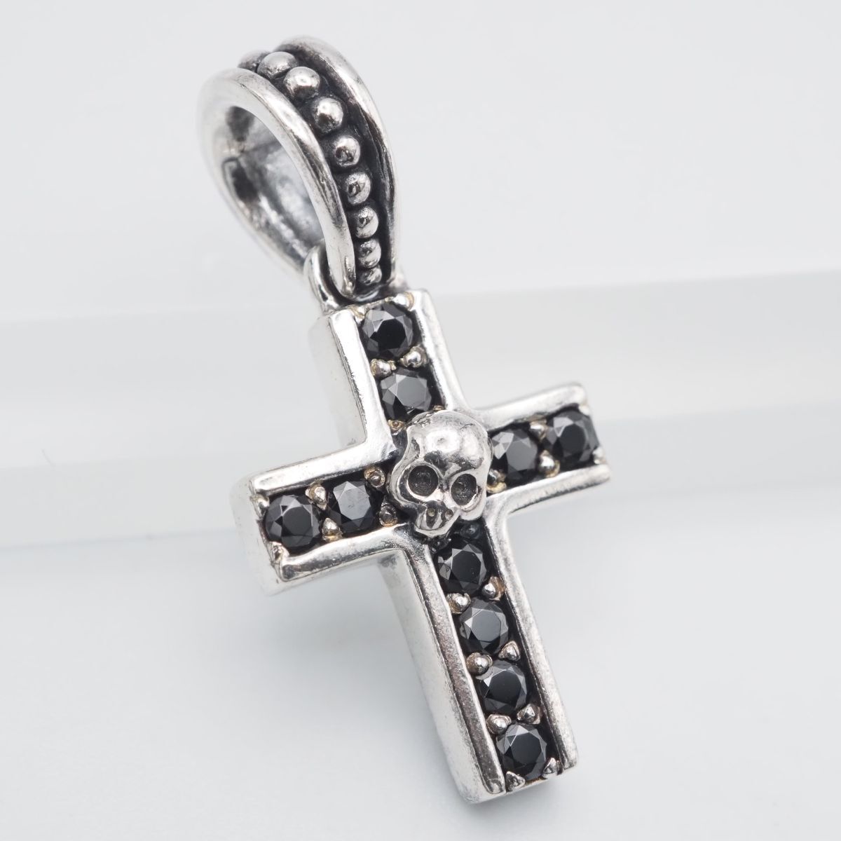 F974 オニキス SV刻印 ペンダント トップ ドクロ スカル クロス デザイン シルバー チャーム ヘッド ヴィンテージ拍卖