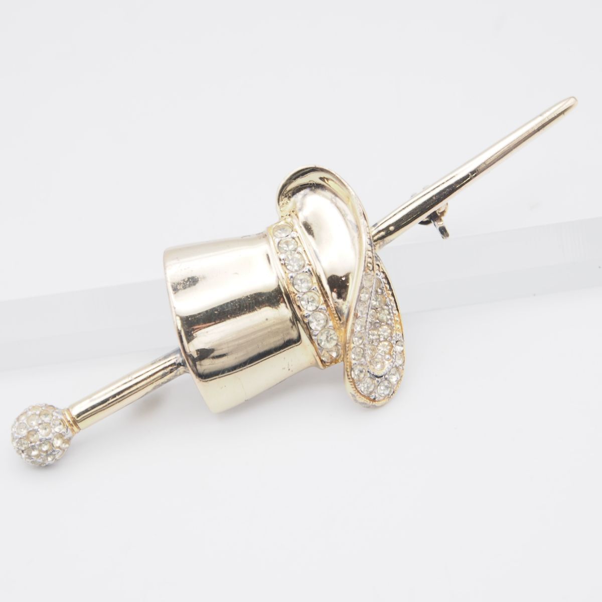 G087 ヴィンテージ 800刻印 ブローチ ラインストーン 帽子 ハット ステック ゴールド デザイン シルバー拍卖