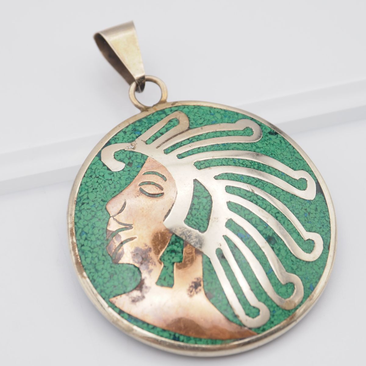 G458 ヴィンテージ MEXICO刻印 ペンダント トップ 大ぶり 民族 横顔 リバーシブル ゴールド デザイン シルバー チャーム ヘッド メキシコ製拍卖