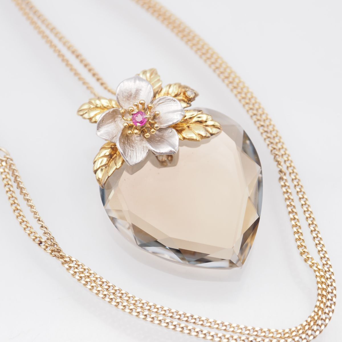 G377 IEI スモーキークォーツ ダイヤモンド ルビー STERLING SILVER925刻印 ペンダント ネックレス クリスタルハート デザイン シルバー拍卖