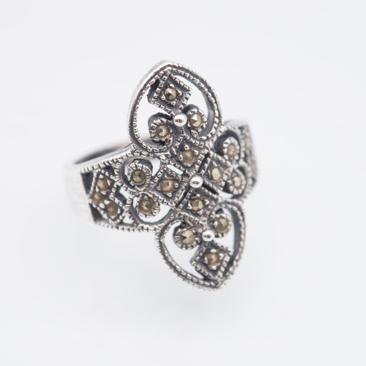 G515 マーカサイト マルカジット リング 透かし彫り デザイン シルバー 指輪 ヴィンテージ 15号拍卖