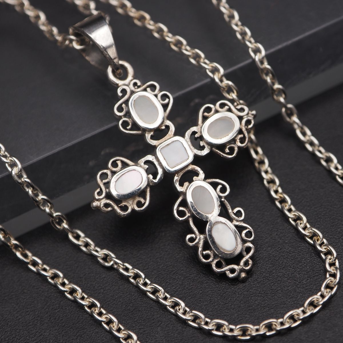 G347 シェル SILVER925刻印 ペンダント ネックレス クロス インレイ デザイン シルバー拍卖